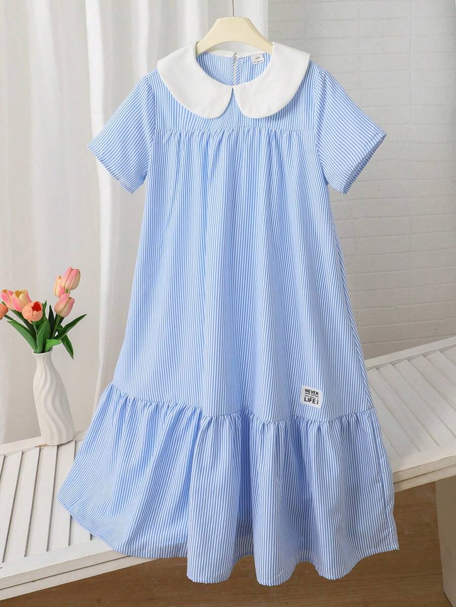 Tween girls casual black and white striped short sleeve smock dress with round neck and flounce hem