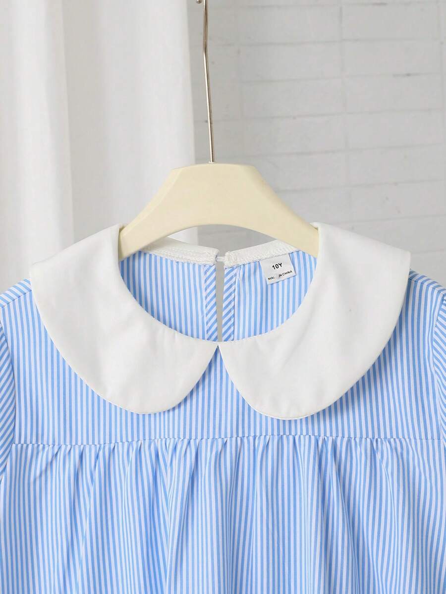Tween girls casual black and white striped short sleeve smock dress with round neck and flounce hem