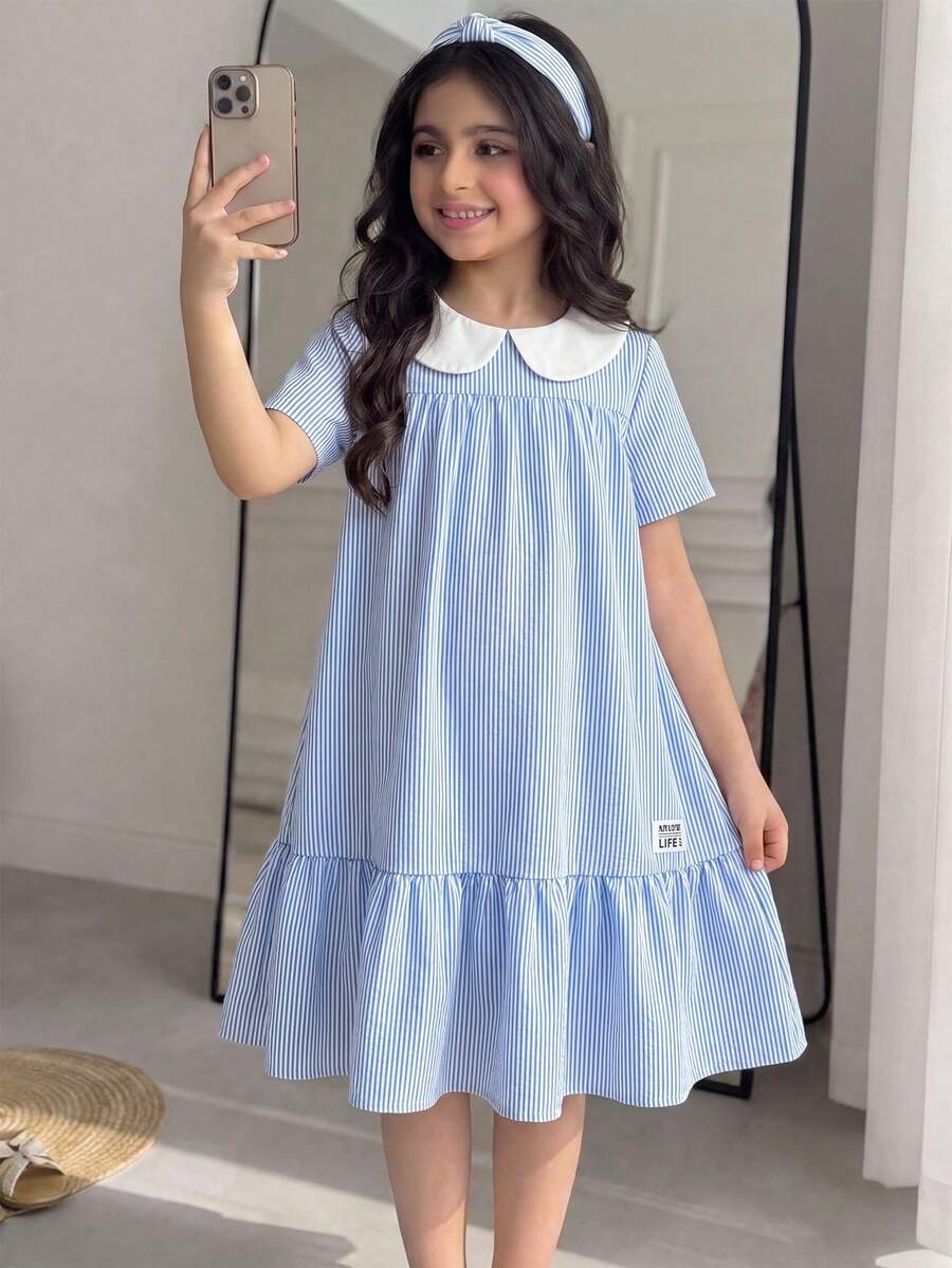 Tween girls casual black and white striped short sleeve smock dress with round neck and flounce hem