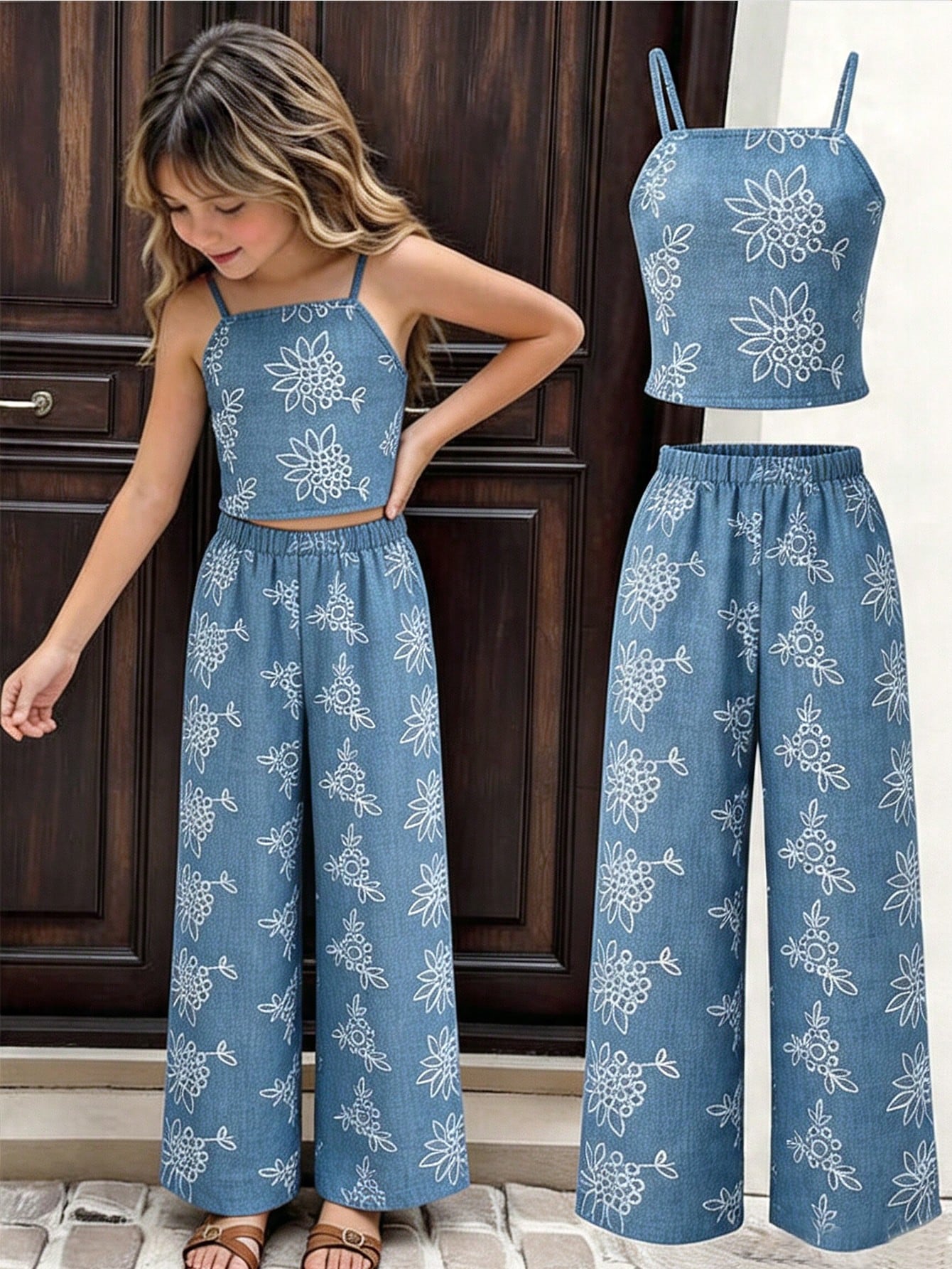 Tween girls casual 2-piece set featuring an apricot woven camisole crop top with back shirring and matching high-waisted loose long pants.