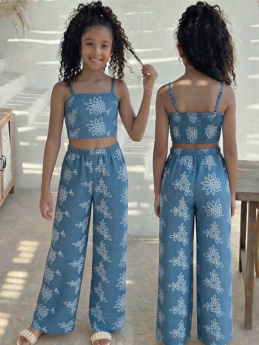Tween girls casual 2-piece set featuring an apricot woven camisole crop top with back shirring and matching high-waisted loose long pants.