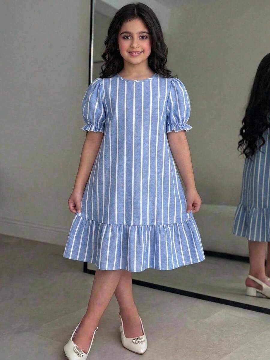 Tween girl blue and white striped A-line casual dress featuring round neck, puff short sleeves, high waist, and flounce ruffle hem.