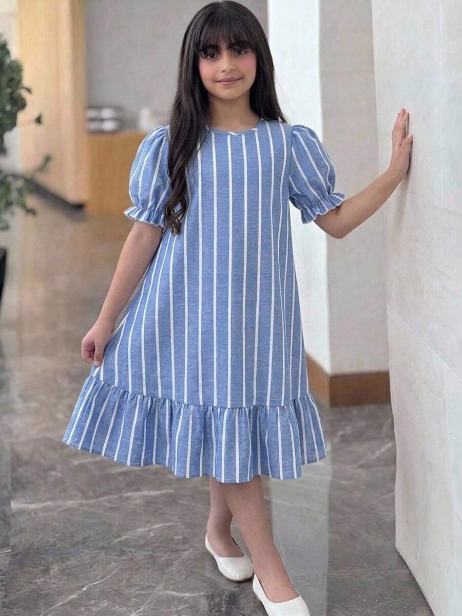 Tween girl blue and white striped A-line casual dress featuring round neck, puff short sleeves, high waist, and flounce ruffle hem.