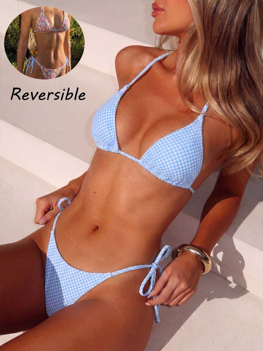 Multicolor striped halter neck two-piece bikini set featuring wireless triangle cups and low-waist tie-side bottoms.
