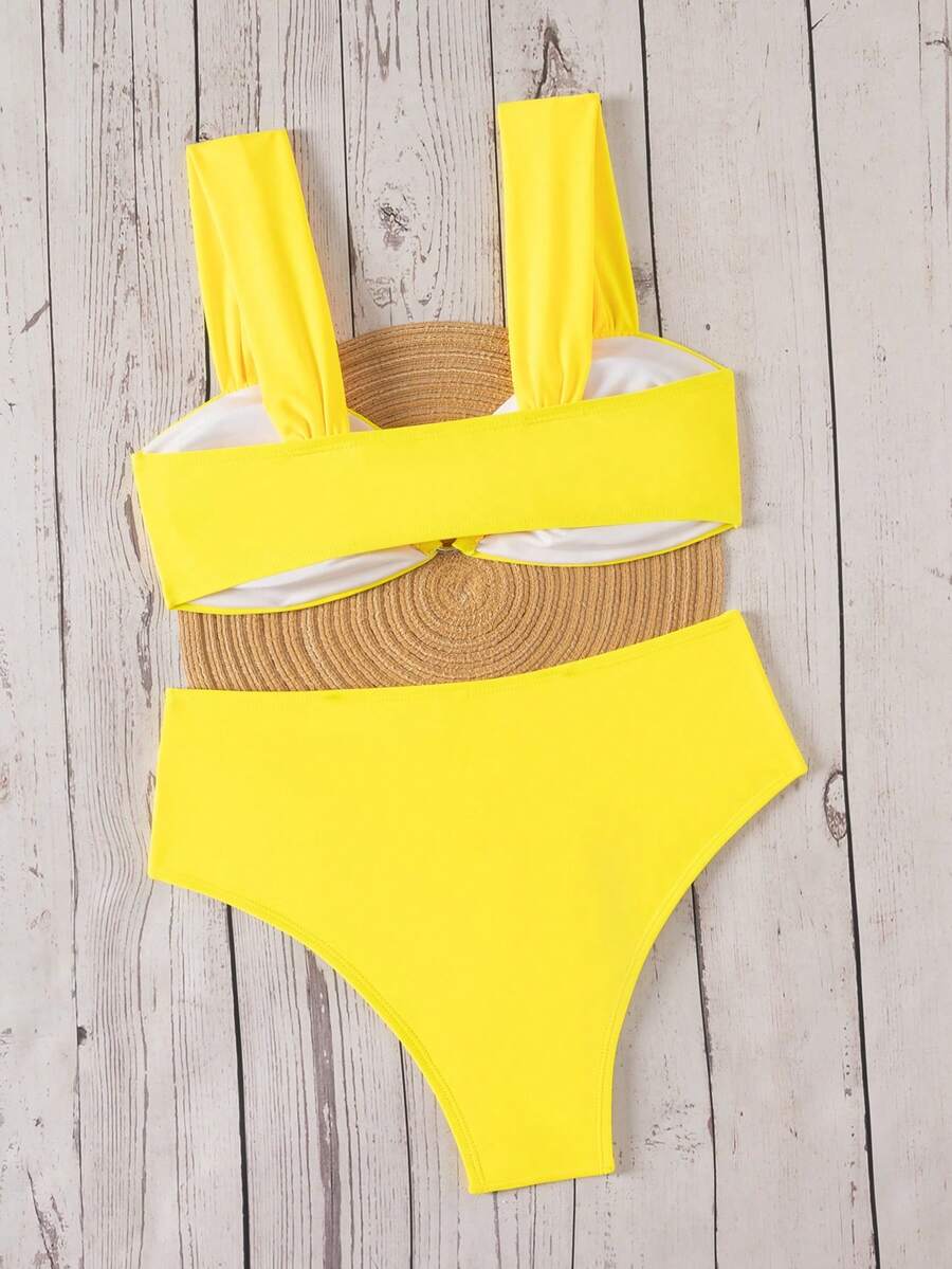 Springbreak black high waist bikini set for women featuring wireless bra top with ruffle lettuce trim and V-wired detail.