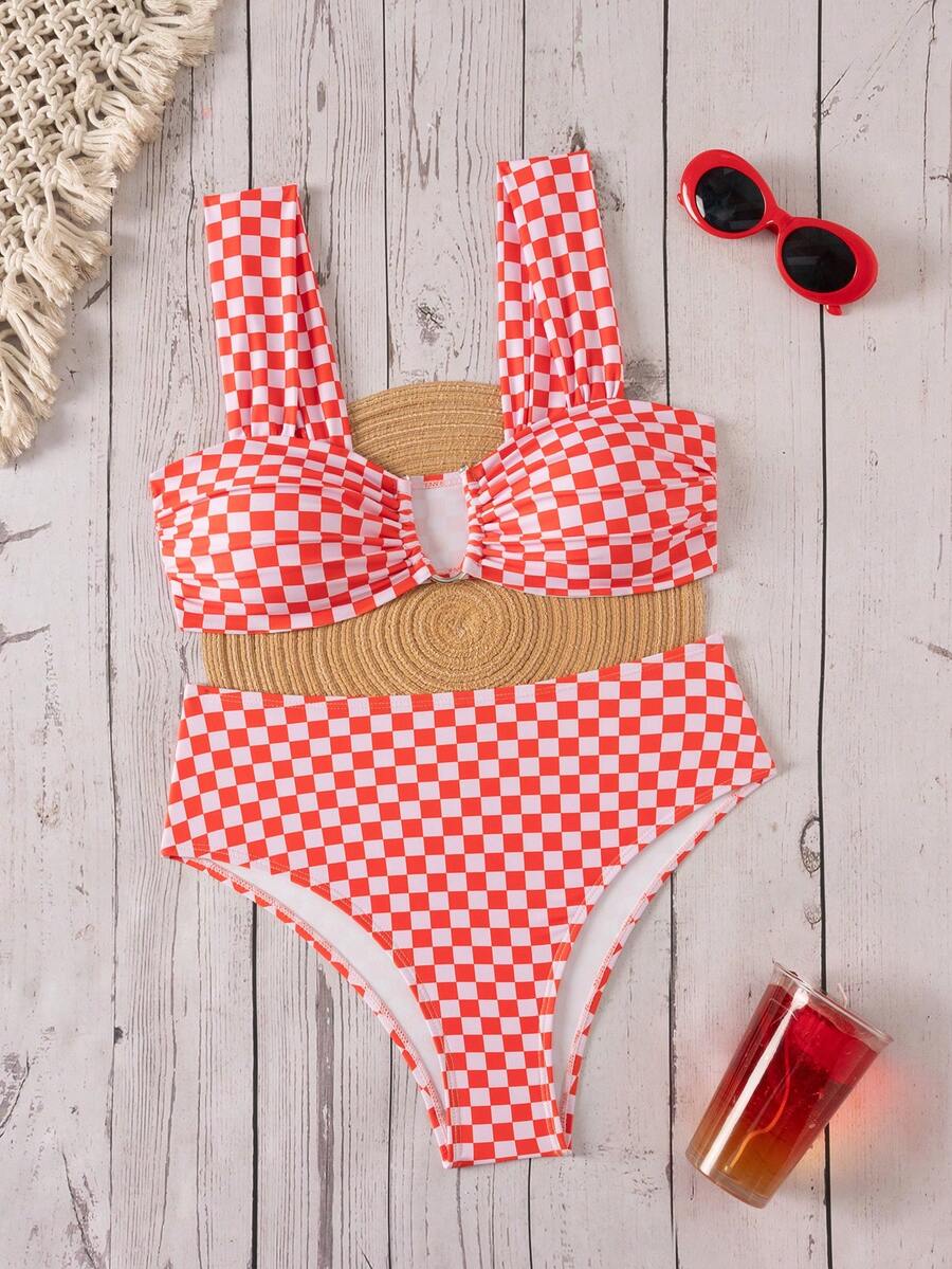 Springbreak black high waist bikini set for women featuring wireless bra top with ruffle lettuce trim and V-wired detail.