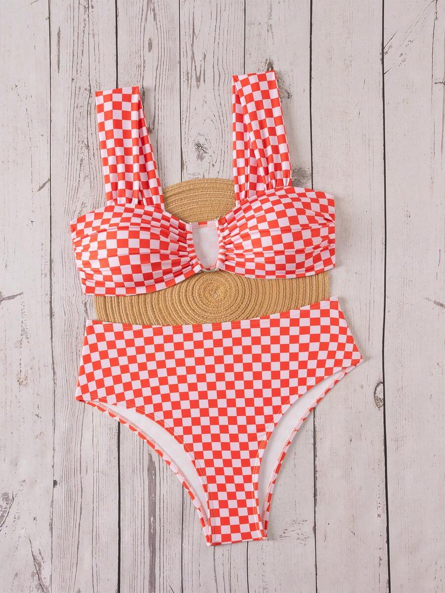 Springbreak black high waist bikini set for women featuring wireless bra top with ruffle lettuce trim and V-wired detail.