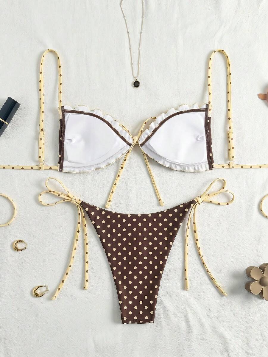 Women's beige two-piece bikini set featuring a wireless top with removable padding, spaghetti straps, tie back detail, and low waist hipster swimsuit bottoms.