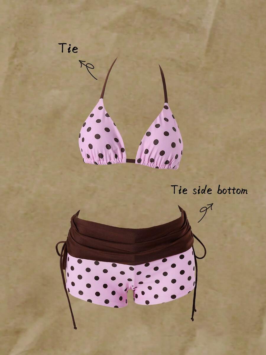 Women's halter triangle bikini top with knot detail paired with mid-waist colorblock swim shorts.