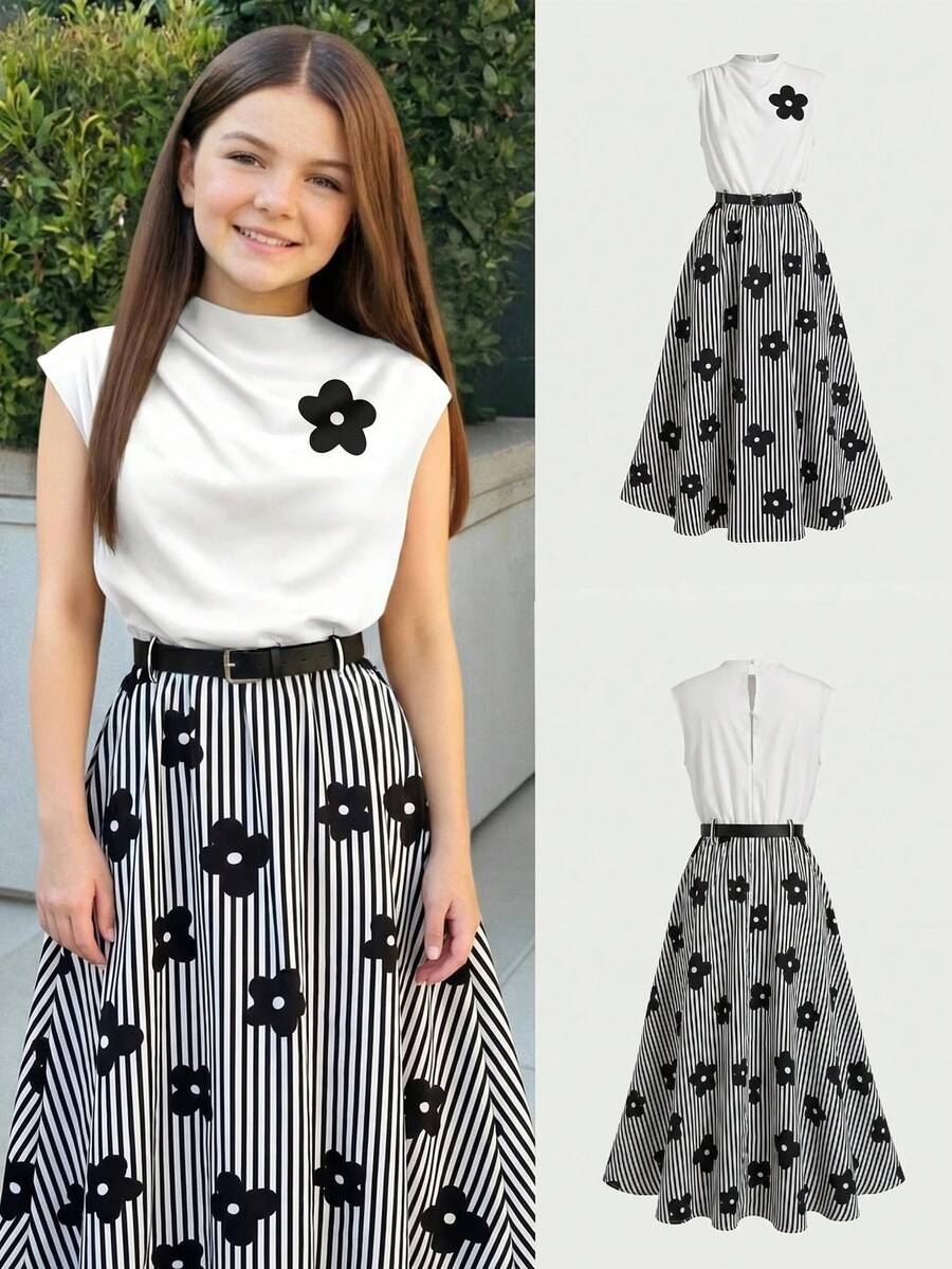 Tween girl wearing an apricot plant print sleeveless A-line long dress with a round neckline and flared skirt.