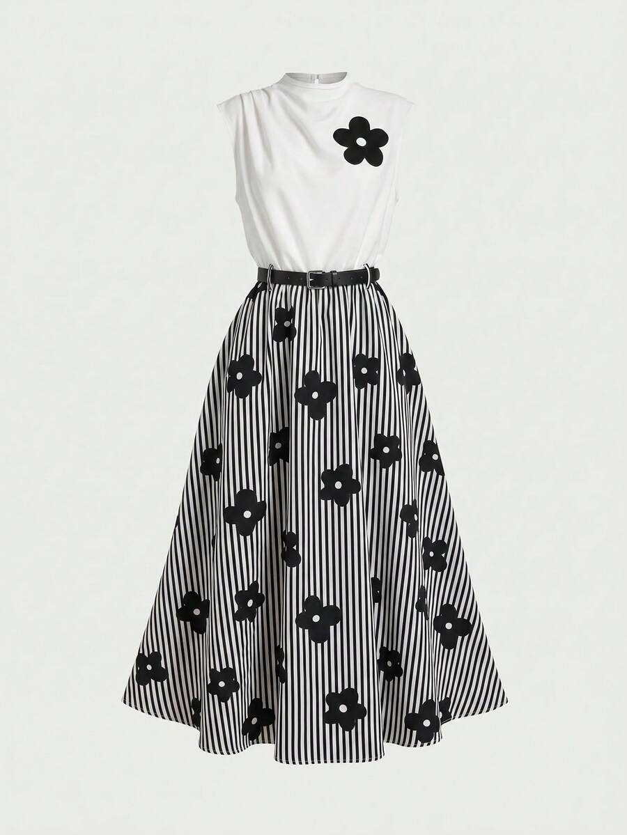 Tween girl wearing an apricot plant print sleeveless A-line long dress with a round neckline and flared skirt.