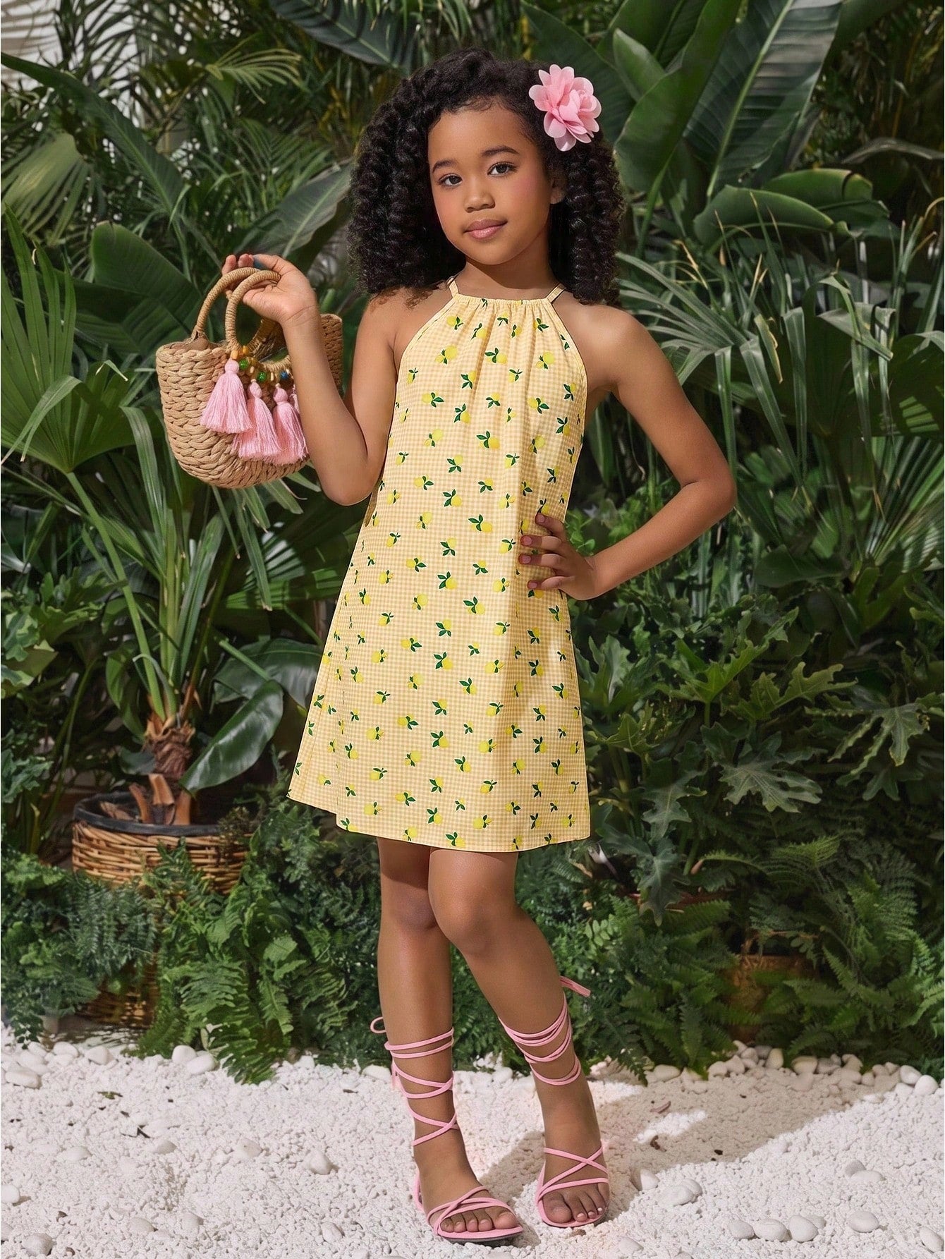 Tween girls sleeveless halter tunic dress with colorful rainbow striped colorblock pattern, button detail, short length, and regular fit for summer vacation or beach wear.