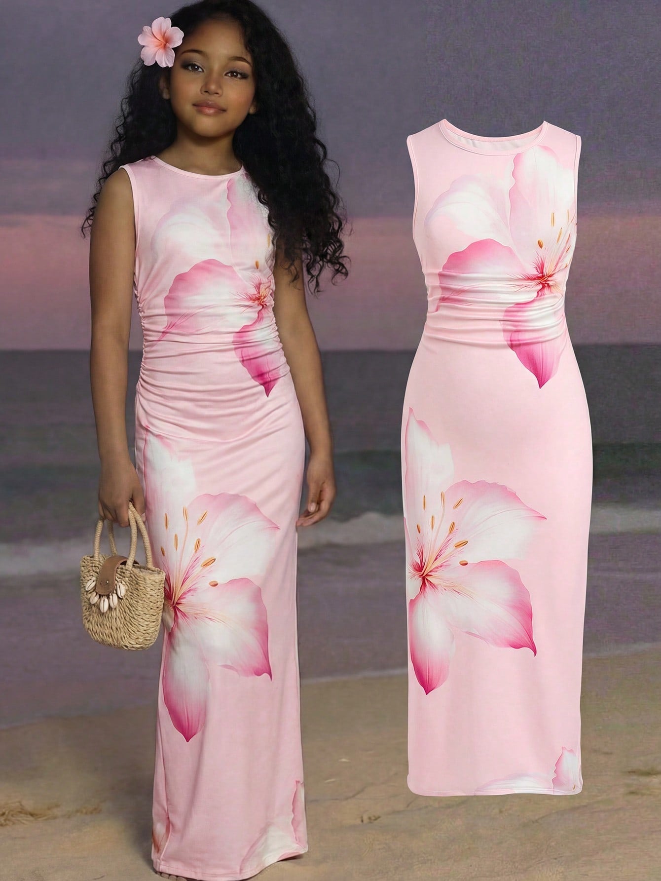 Tween girls sleeveless midi tank dress with round neck, graphic pattern, slim fit waist, slit hem, and apricot color styling for casual and occasion wear.