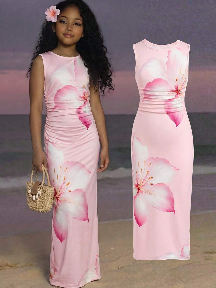 Tween girls sleeveless midi tank dress with round neck, graphic pattern, slim fit waist, slit hem, and apricot color styling for casual and occasion wear.