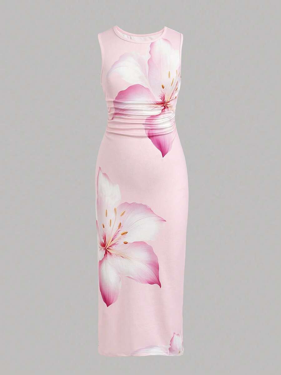 Tween girls sleeveless midi tank dress with round neck, graphic pattern, slim fit waist, slit hem, and apricot color styling for casual and occasion wear.