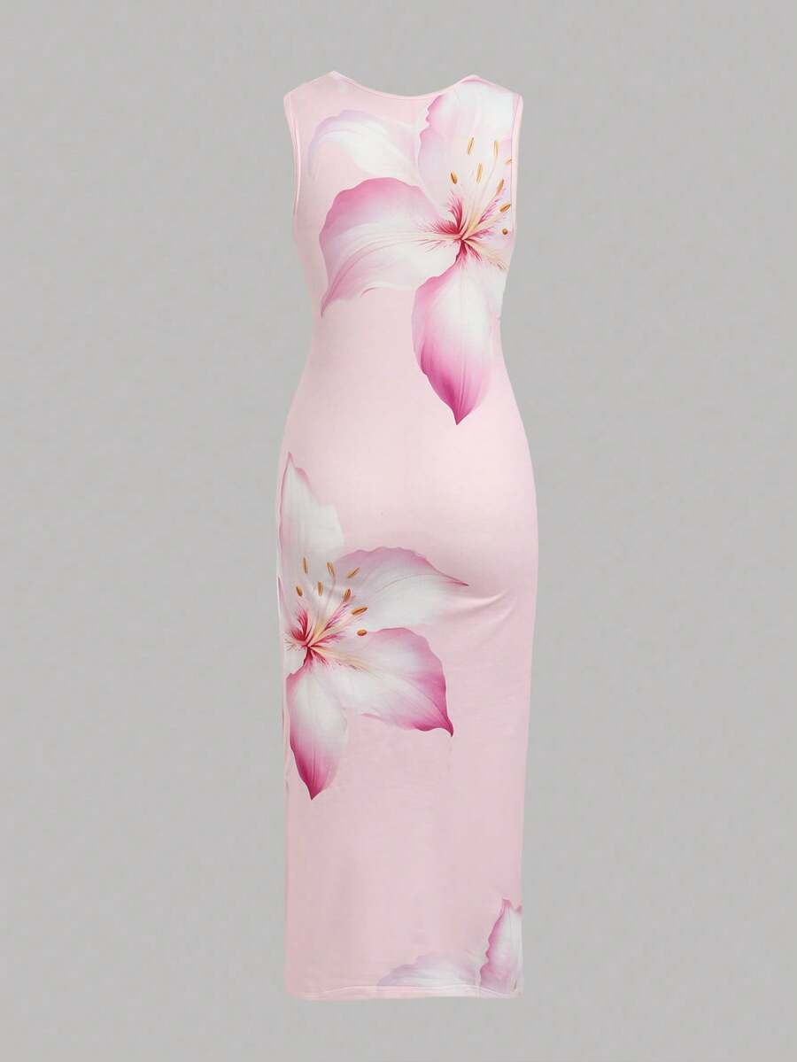 Tween girls sleeveless midi tank dress with round neck, graphic pattern, slim fit waist, slit hem, and apricot color styling for casual and occasion wear.