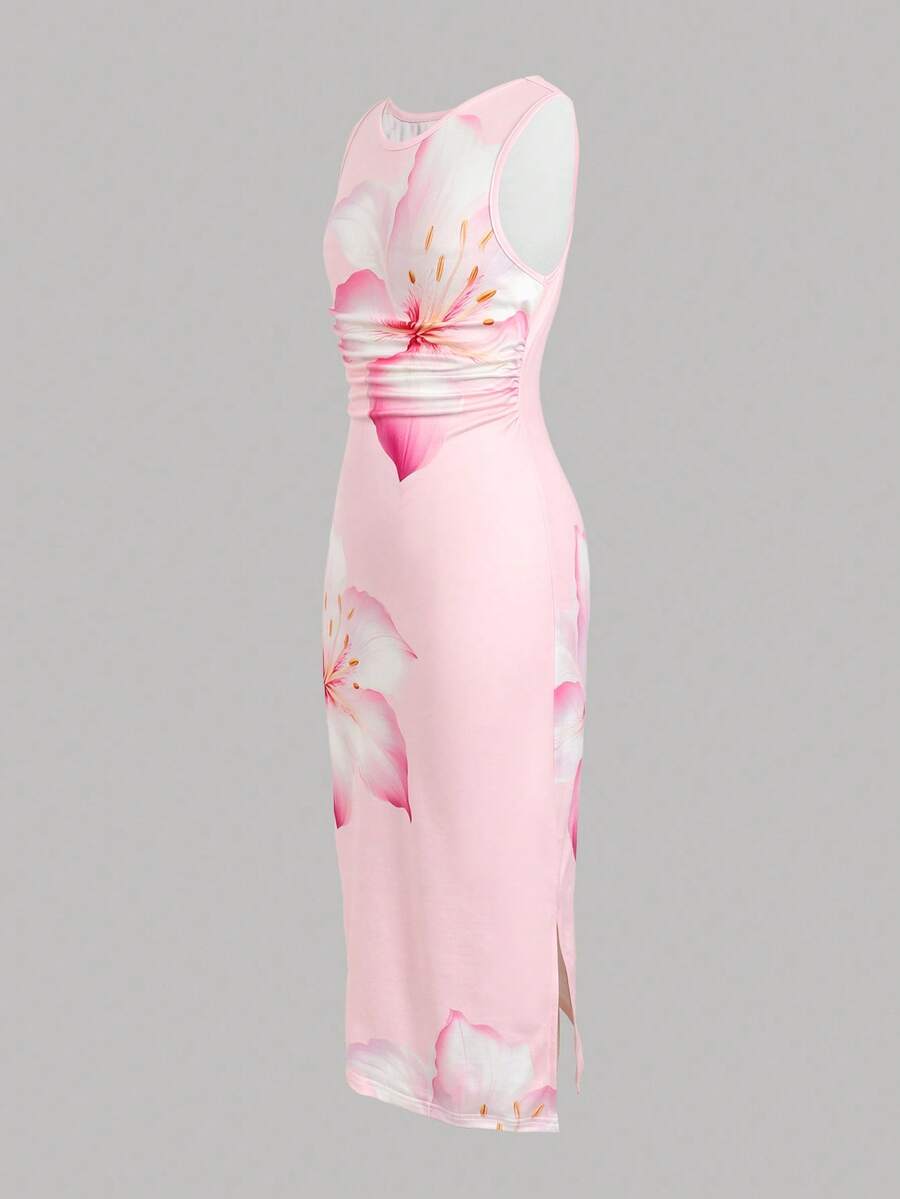 Tween girls sleeveless midi tank dress with round neck, graphic pattern, slim fit waist, slit hem, and apricot color styling for casual and occasion wear.