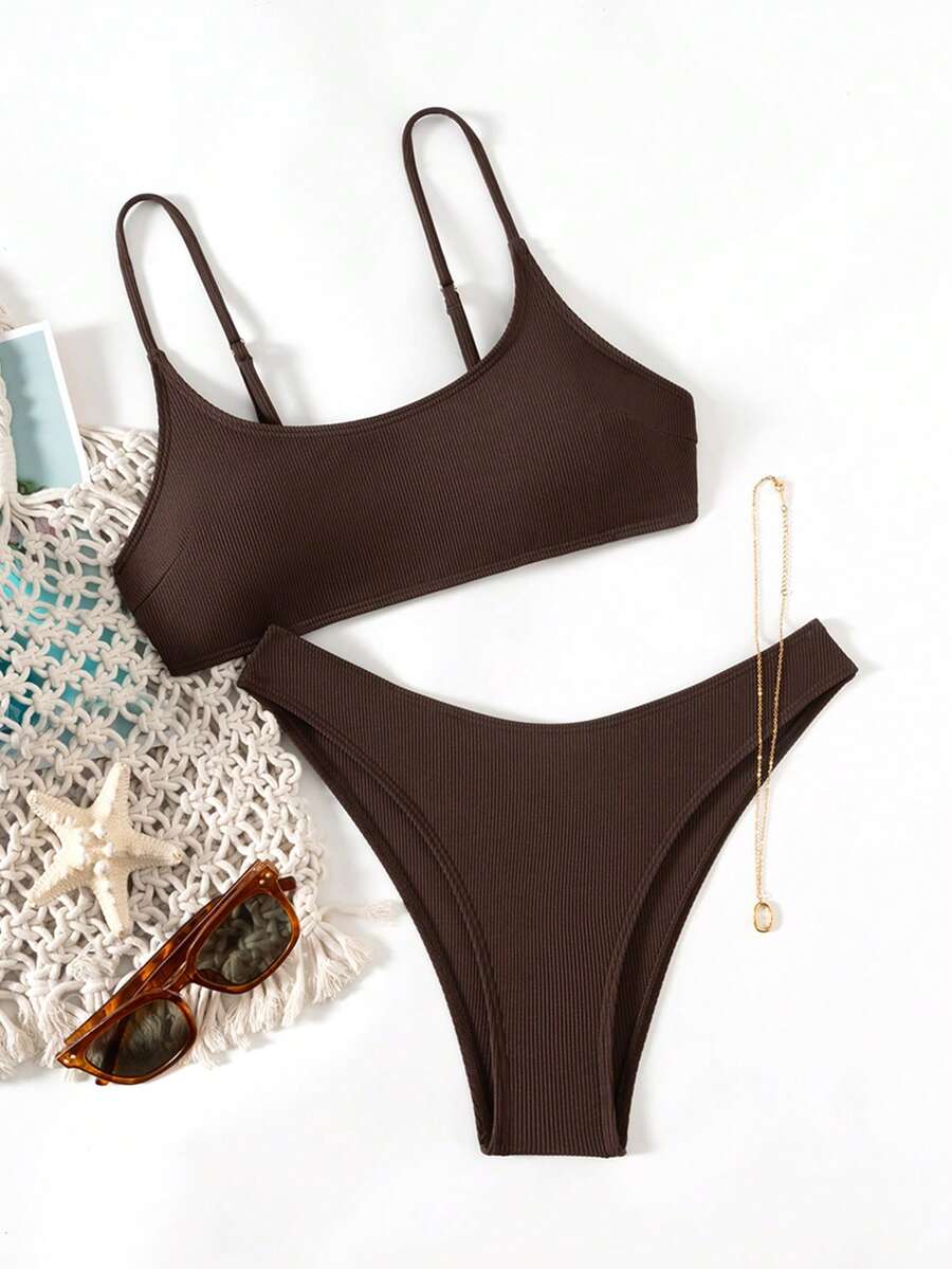 Apricot ribbed high waist two piece bikini swimsuit set for women featuring backless spaghetti strap top and high waisted bottoms.