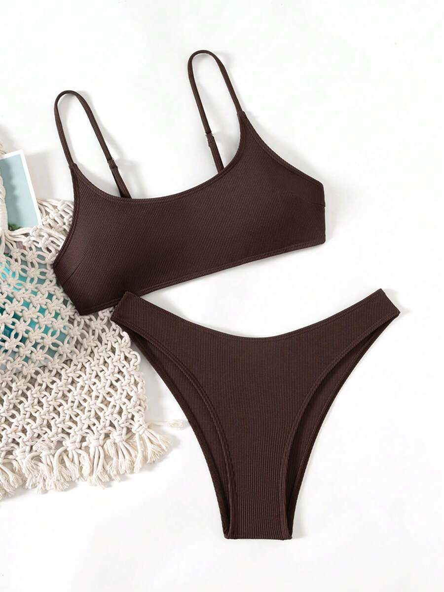 Apricot ribbed high waist two piece bikini swimsuit set for women featuring backless spaghetti strap top and high waisted bottoms.