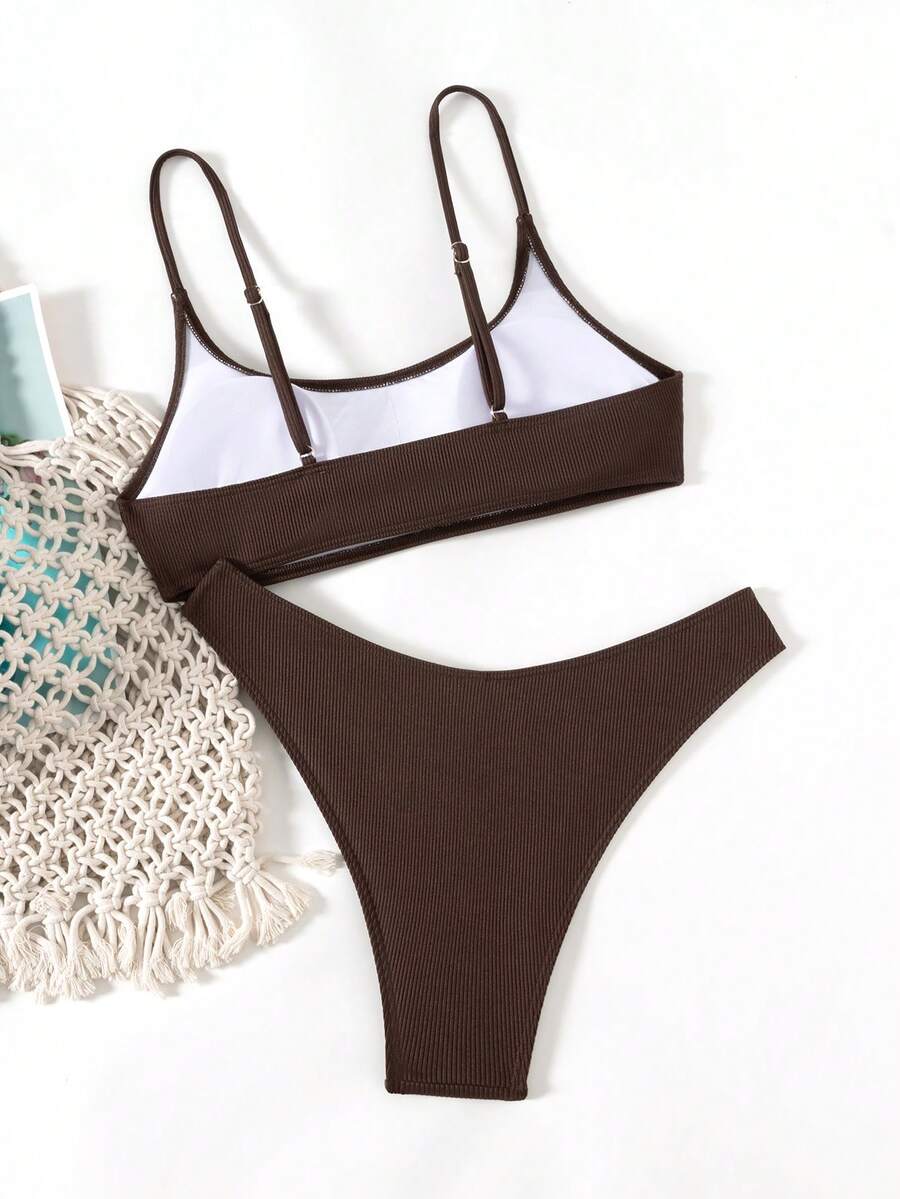 Apricot ribbed high waist two piece bikini swimsuit set for women featuring backless spaghetti strap top and high waisted bottoms.