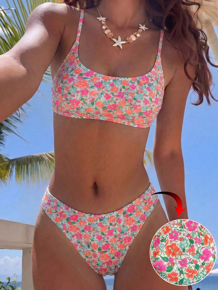 Apricot ribbed high waist two piece bikini swimsuit set for women featuring backless spaghetti strap top and high waisted bottoms.
