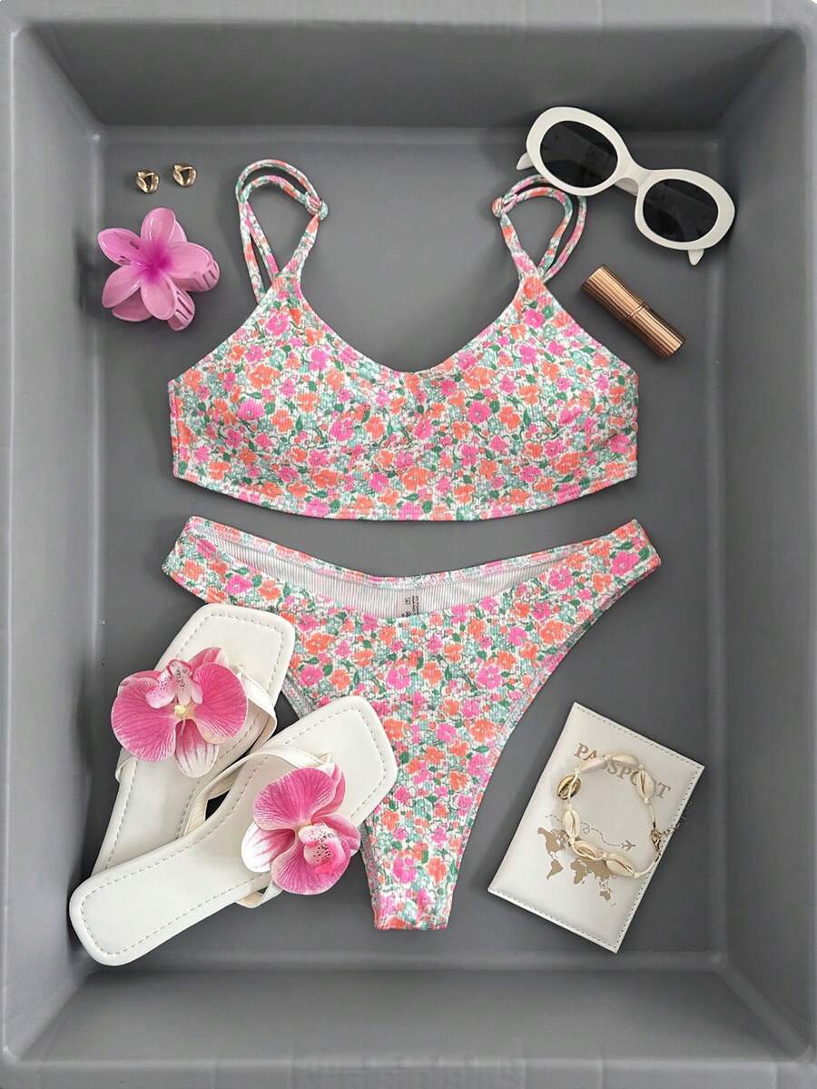 Apricot ribbed high waist two piece bikini swimsuit set for women featuring backless spaghetti strap top and high waisted bottoms.