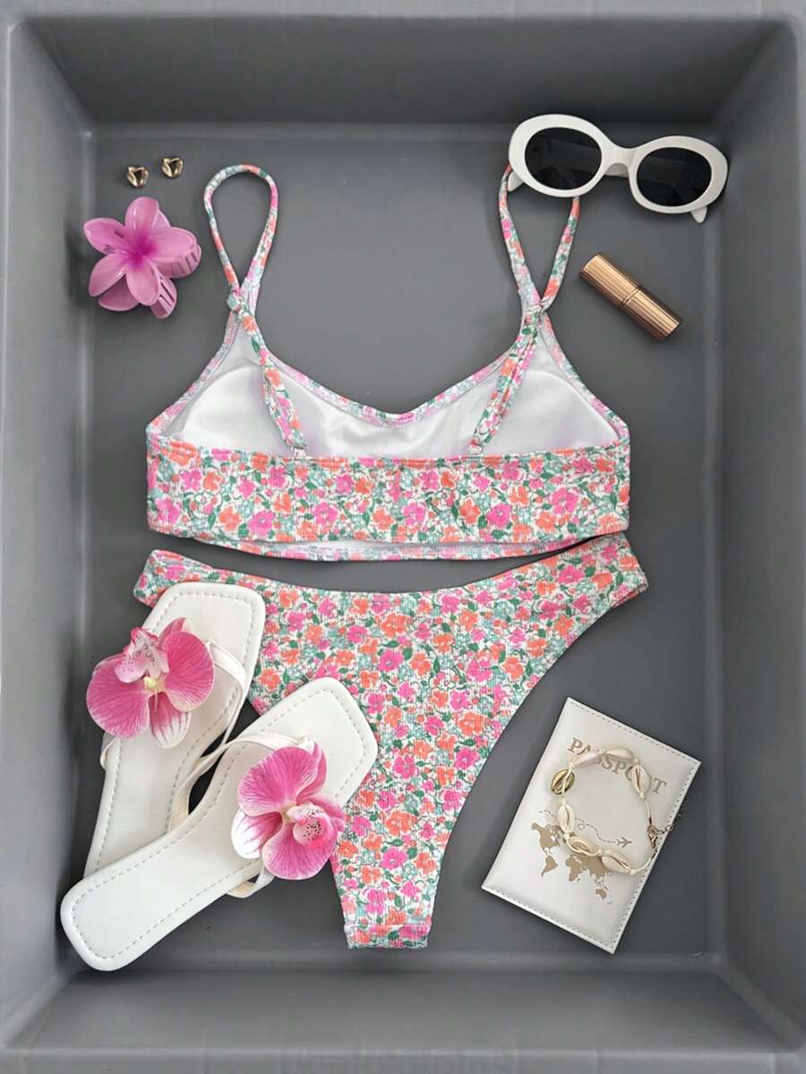 Apricot ribbed high waist two piece bikini swimsuit set for women featuring backless spaghetti strap top and high waisted bottoms.