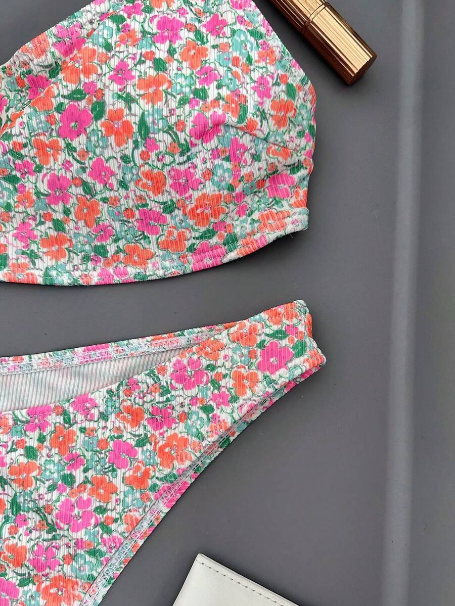 Apricot ribbed high waist two piece bikini swimsuit set for women featuring backless spaghetti strap top and high waisted bottoms.