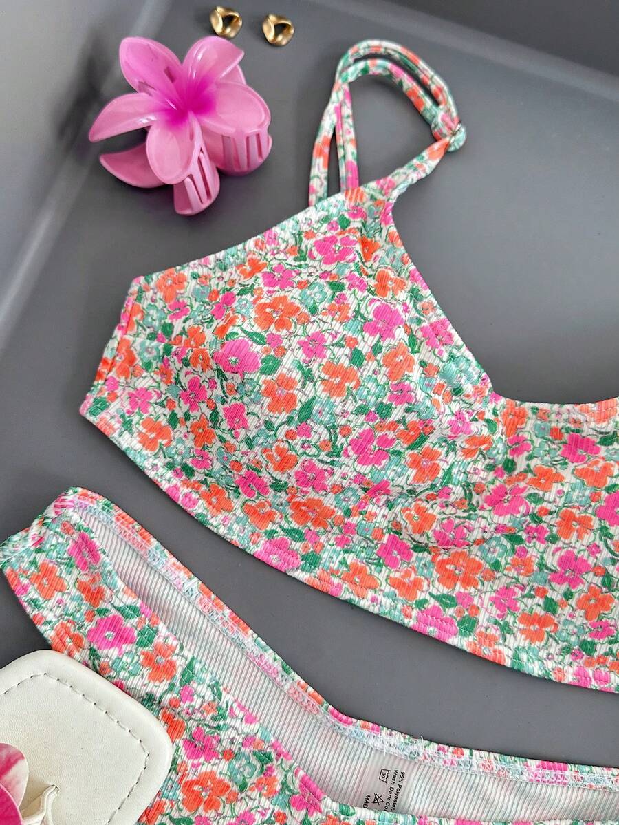 Apricot ribbed high waist two piece bikini swimsuit set for women featuring backless spaghetti strap top and high waisted bottoms.