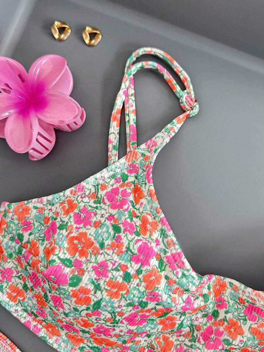 Apricot ribbed high waist two piece bikini swimsuit set for women featuring backless spaghetti strap top and high waisted bottoms.