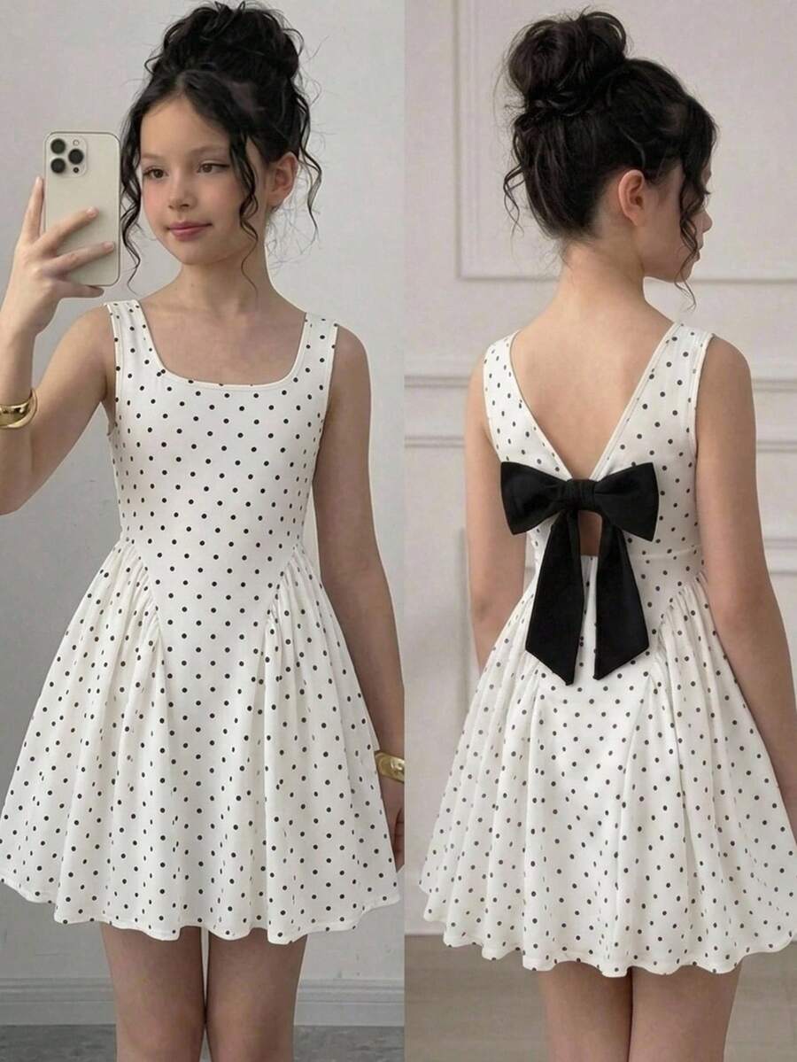 Black and white polka dot sleeveless A-line dress for tween girls featuring a scoop neck, high waist, and flared hem.