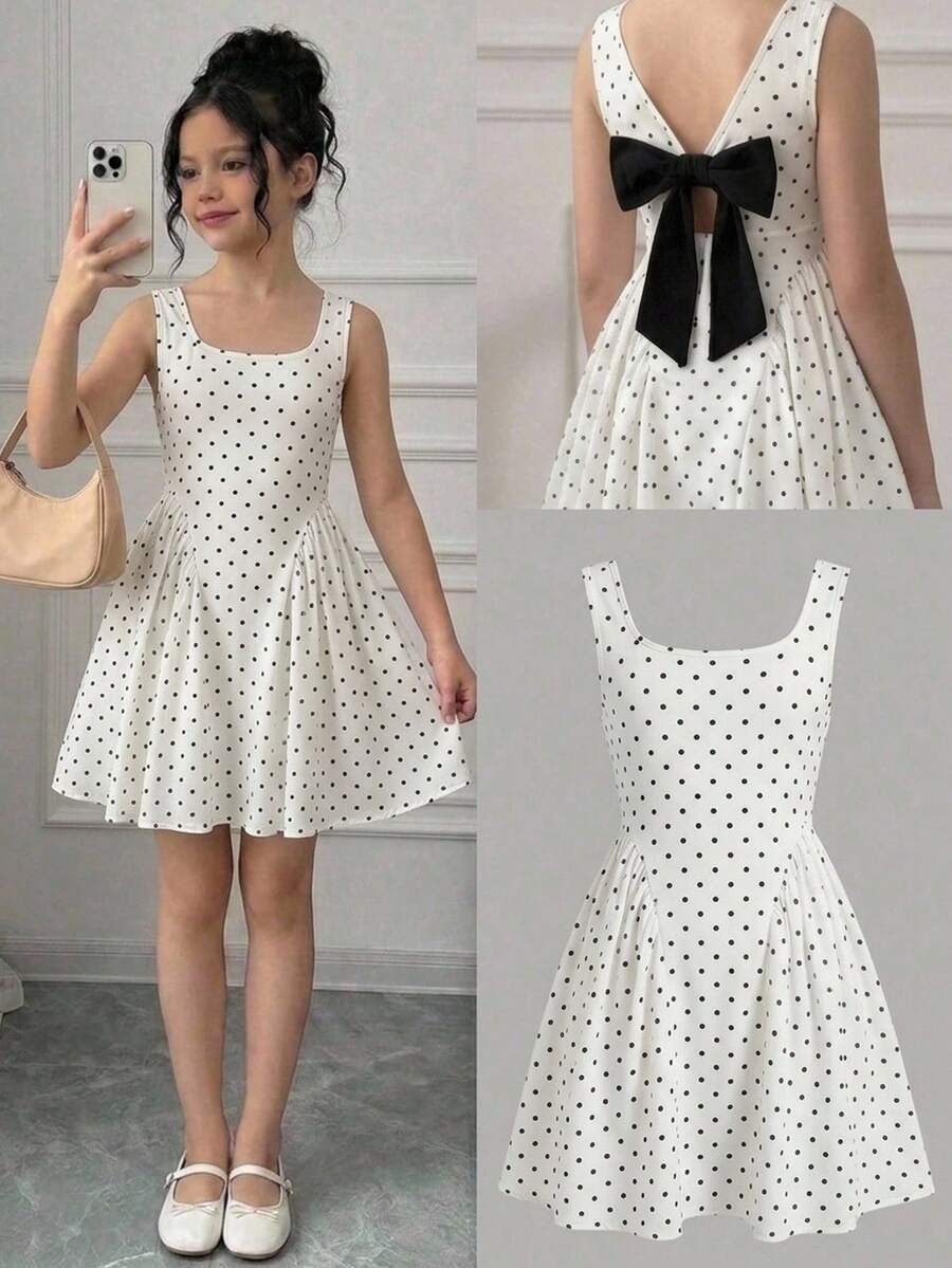 Black and white polka dot sleeveless A-line dress for tween girls featuring a scoop neck, high waist, and flared hem.