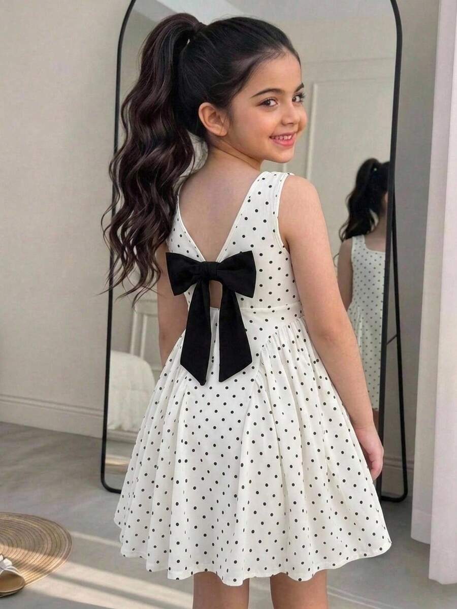 Black and white polka dot sleeveless A-line dress for tween girls featuring a scoop neck, high waist, and flared hem.