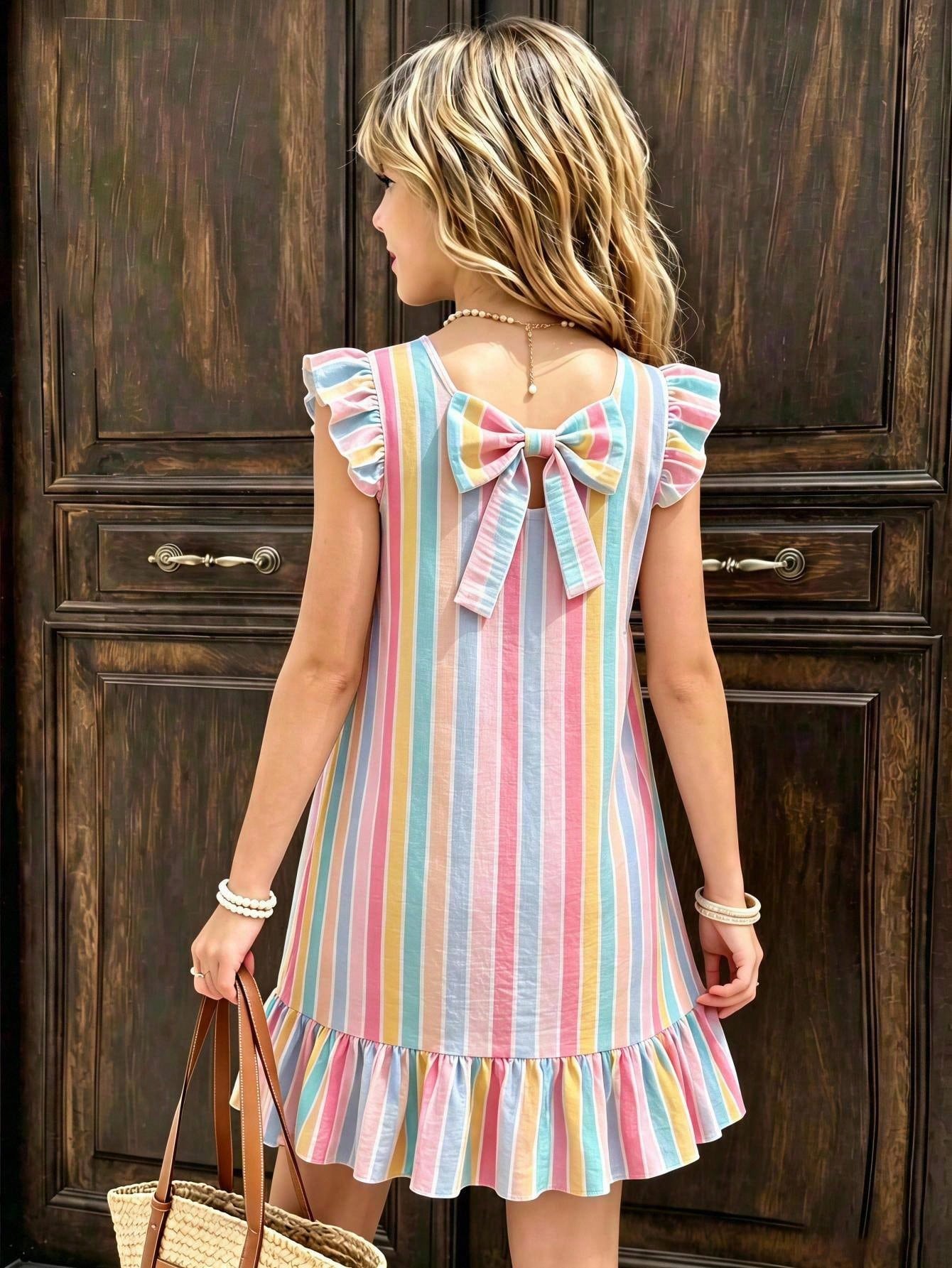 Tween girls apricot vacation midi dress featuring a round neck, cut out details, ruffle flounce accents, and geometric pattern.