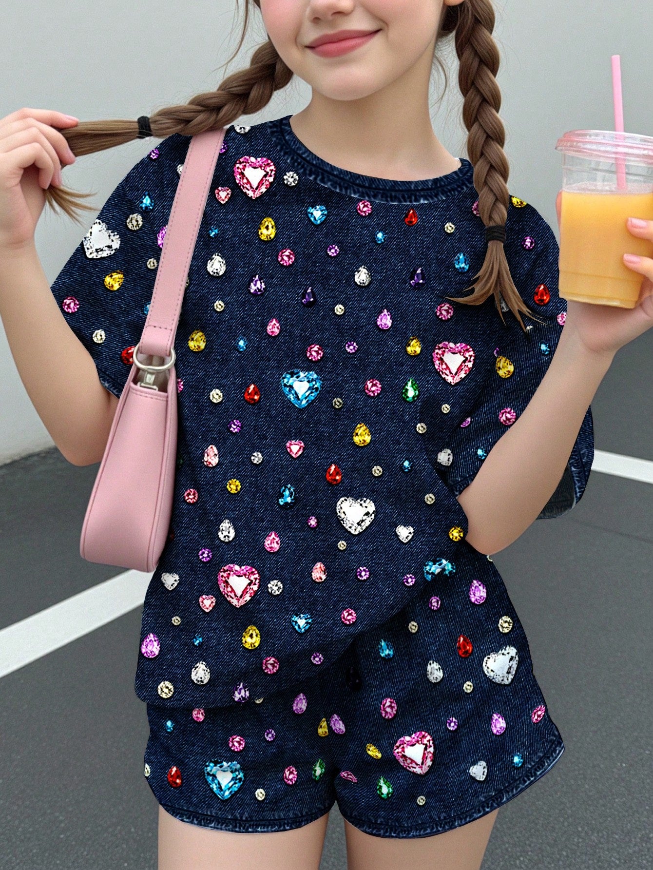 Multicolor heart print short sleeve top and loose shorts 2-piece set for tween girls