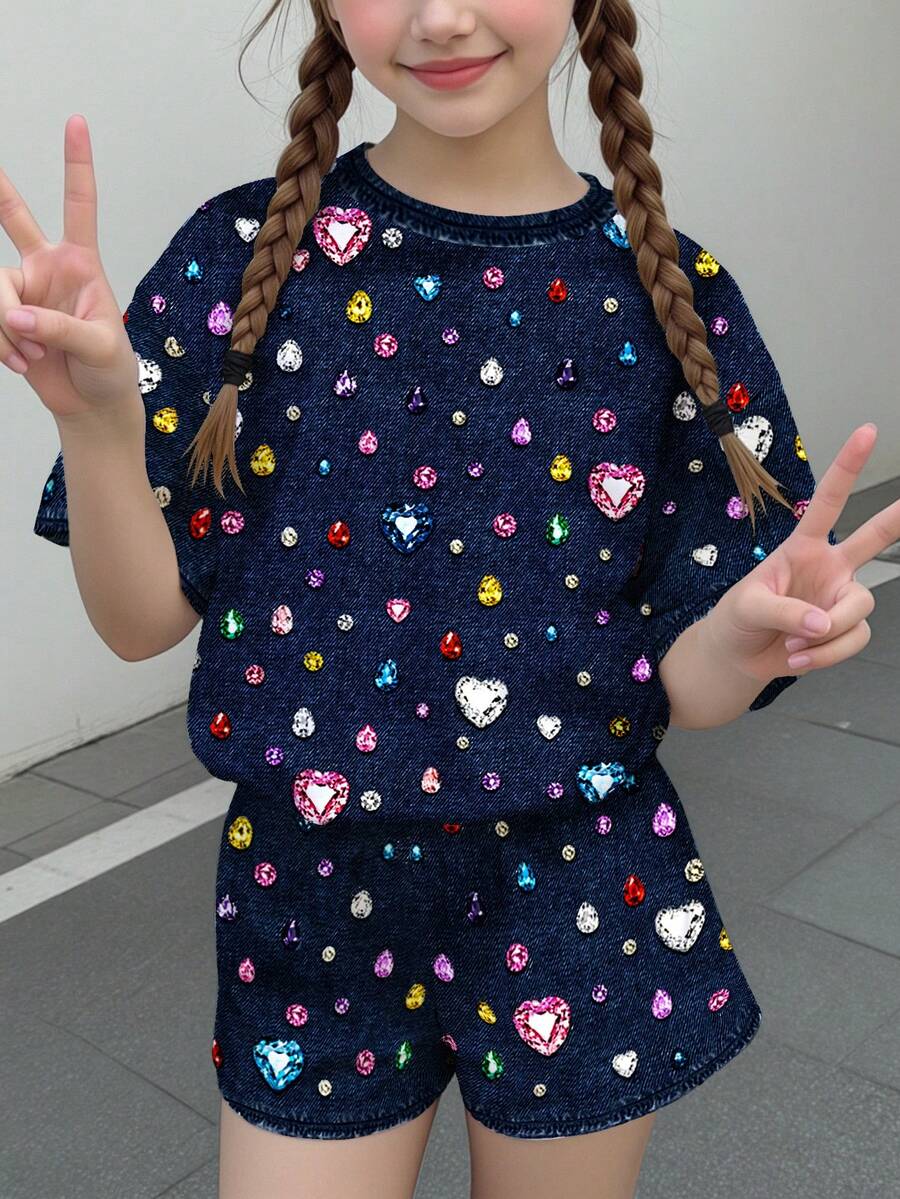 Multicolor heart print short sleeve top and loose shorts 2-piece set for tween girls