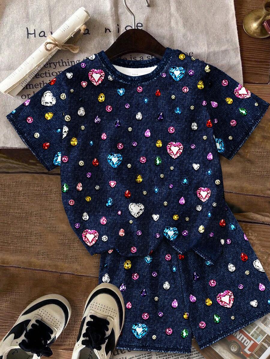 Multicolor heart print short sleeve top and loose shorts 2-piece set for tween girls