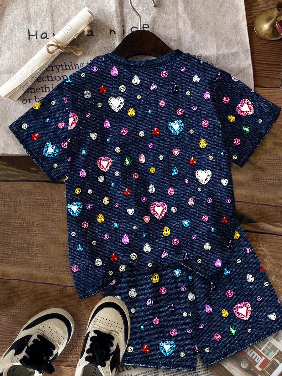 Multicolor heart print short sleeve top and loose shorts 2-piece set for tween girls