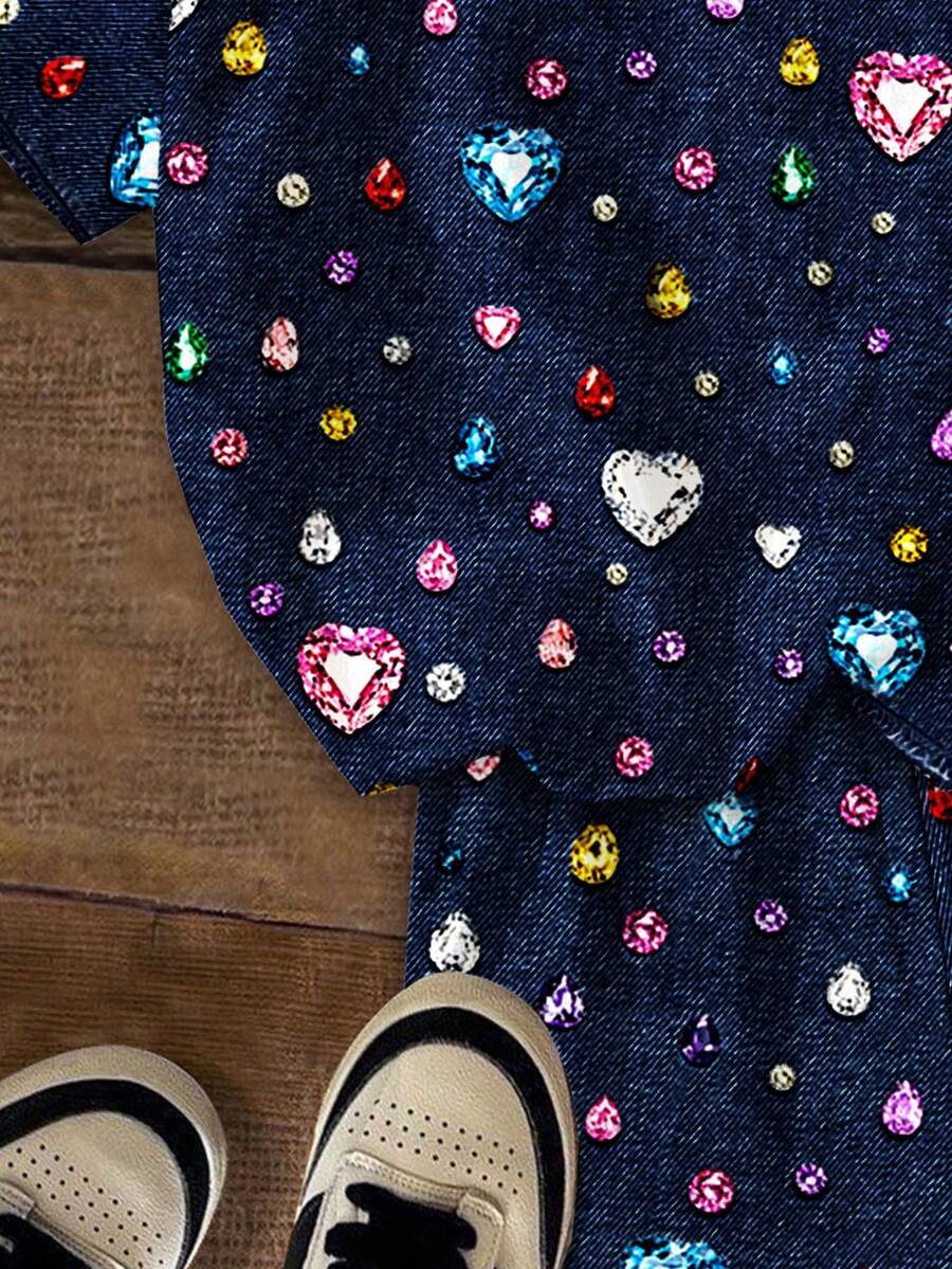 Multicolor heart print short sleeve top and loose shorts 2-piece set for tween girls