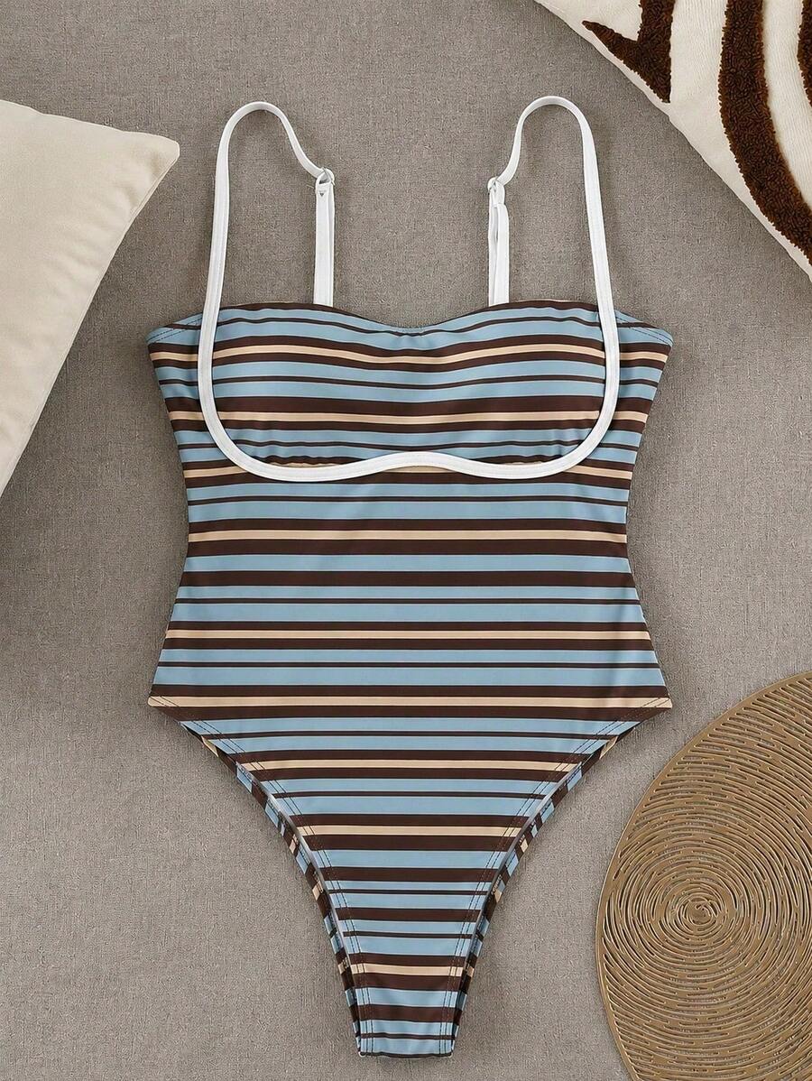 Black colorblock women's one-piece swimsuit with spaghetti straps and high stretch fabric.