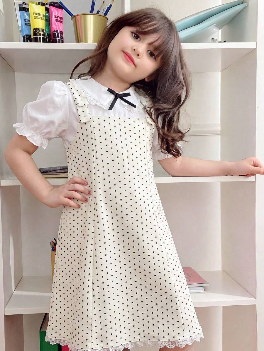 Tween girl blue and white striped A-line casual dress featuring round neck, puff short sleeves, high waist, and flounce ruffle hem.