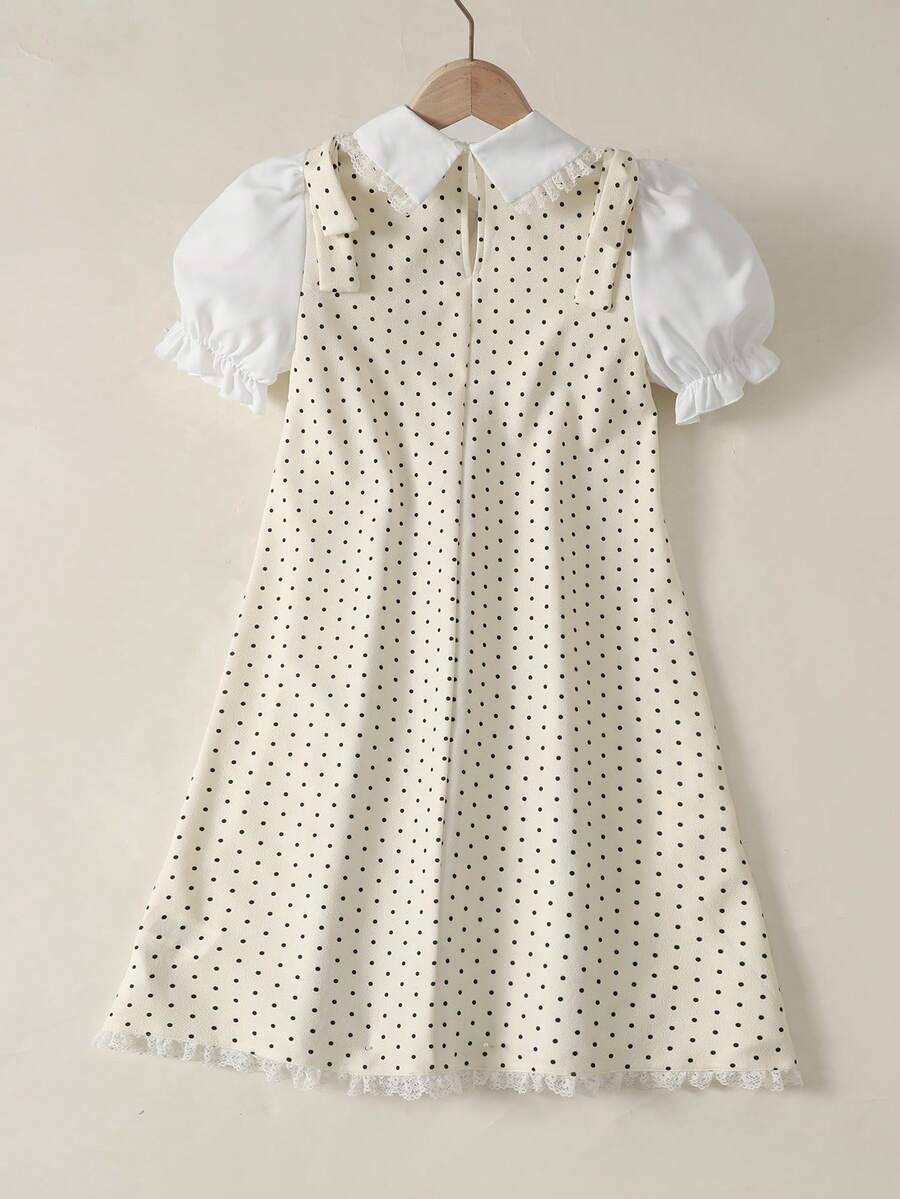 Tween girl blue and white striped A-line casual dress featuring round neck, puff short sleeves, high waist, and flounce ruffle hem.