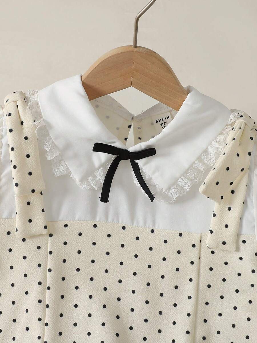 Tween girl blue and white striped A-line casual dress featuring round neck, puff short sleeves, high waist, and flounce ruffle hem.