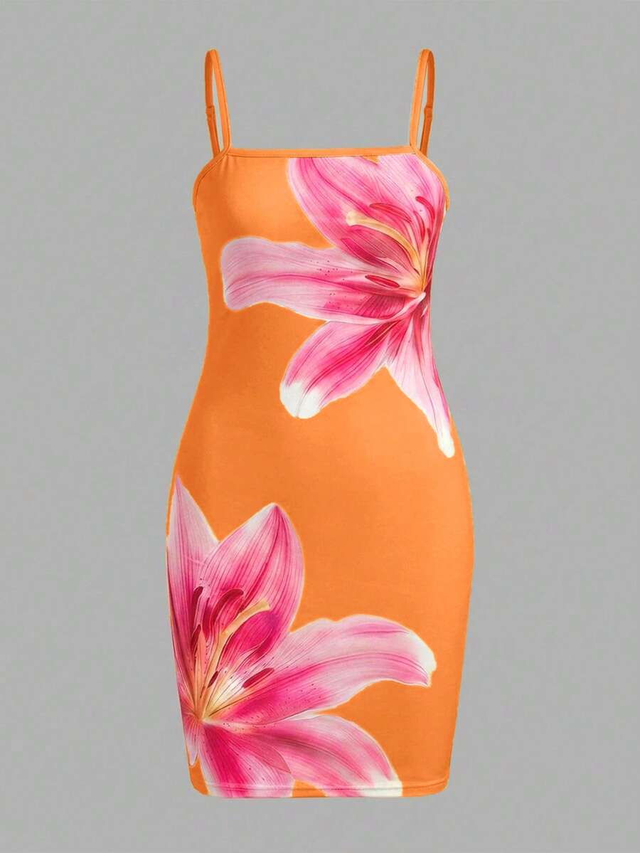 Tween girls multicolor floral midi cami dress with spaghetti straps, sleeveless design, loose fit, and vacation-inspired plant print.