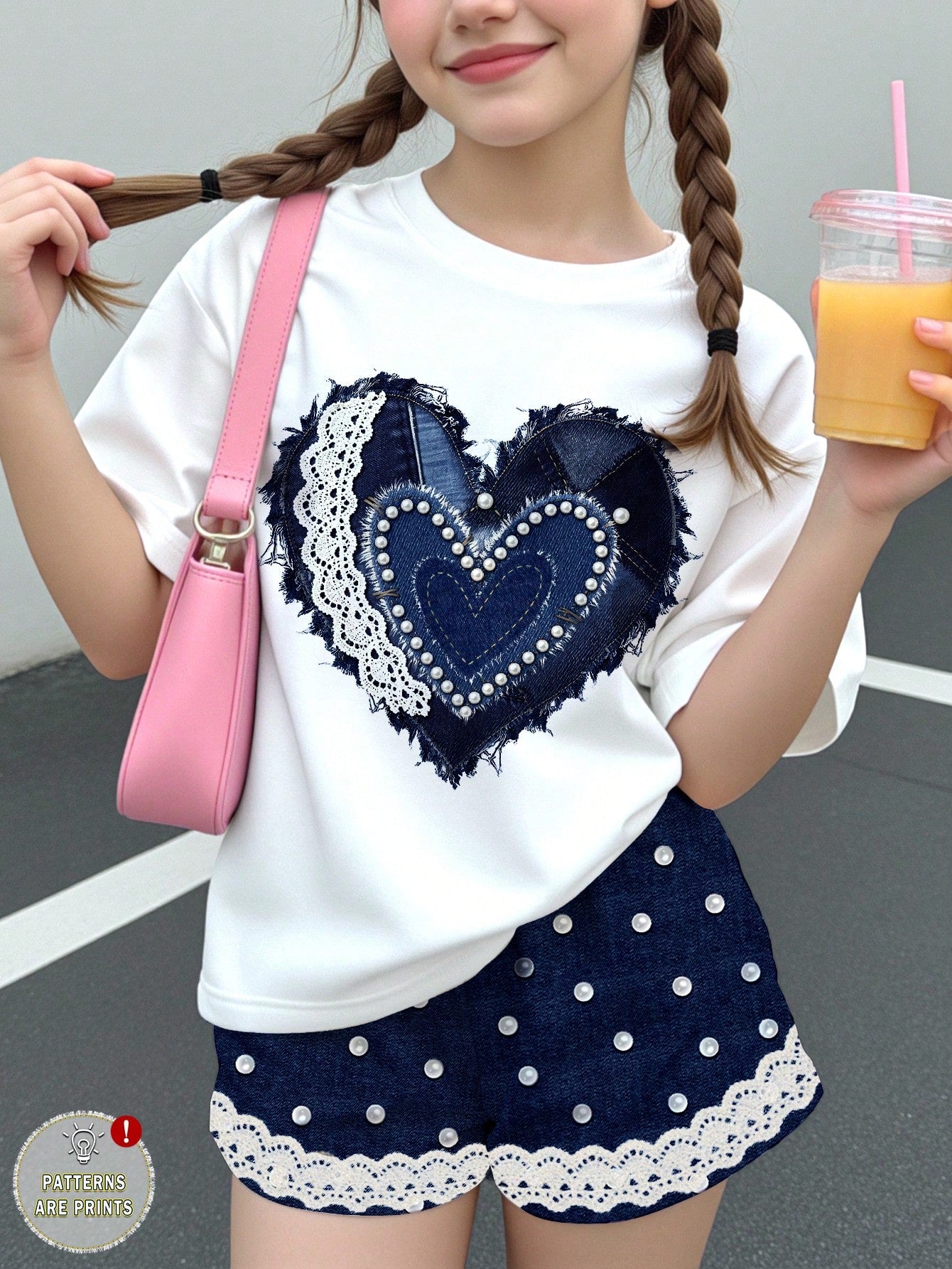 Multicolor heart print short sleeve top and loose shorts 2-piece set for tween girls