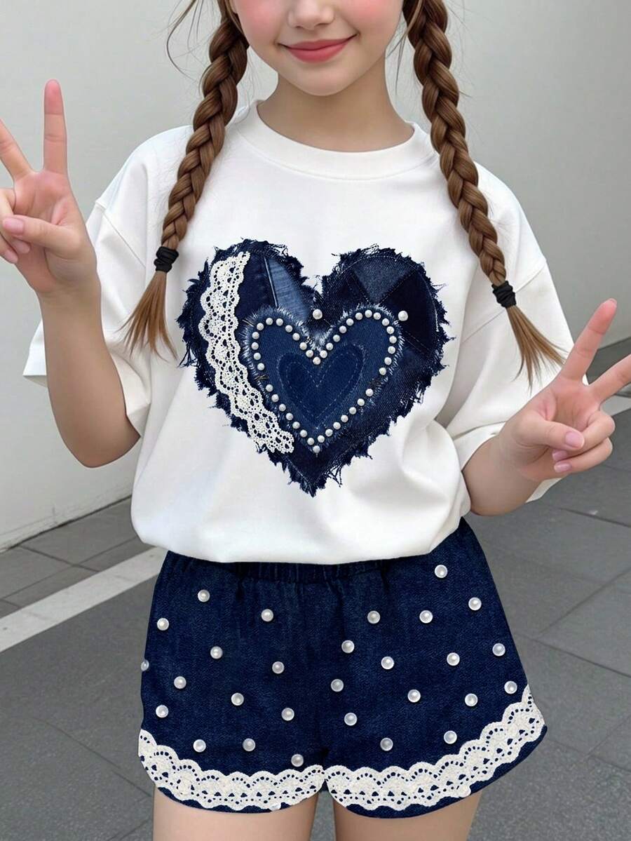 Multicolor heart print short sleeve top and loose shorts 2-piece set for tween girls