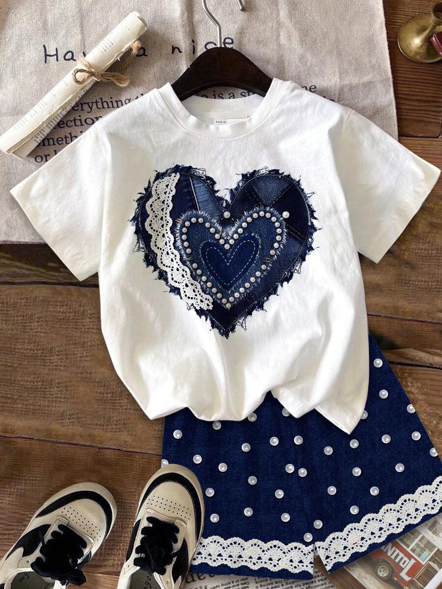 Multicolor heart print short sleeve top and loose shorts 2-piece set for tween girls