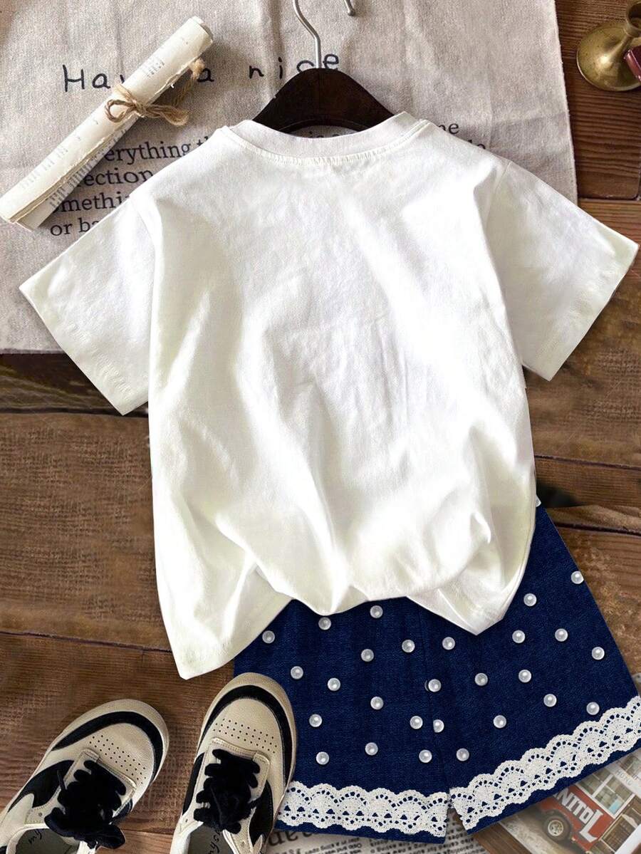 Multicolor heart print short sleeve top and loose shorts 2-piece set for tween girls