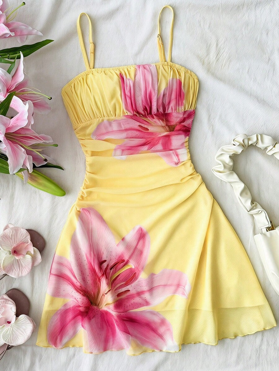 Yellow sleeveless tween girls cami dress with spaghetti straps, ruched bust, shirred details, high waist, and flared short A-line hem for vacation wear.