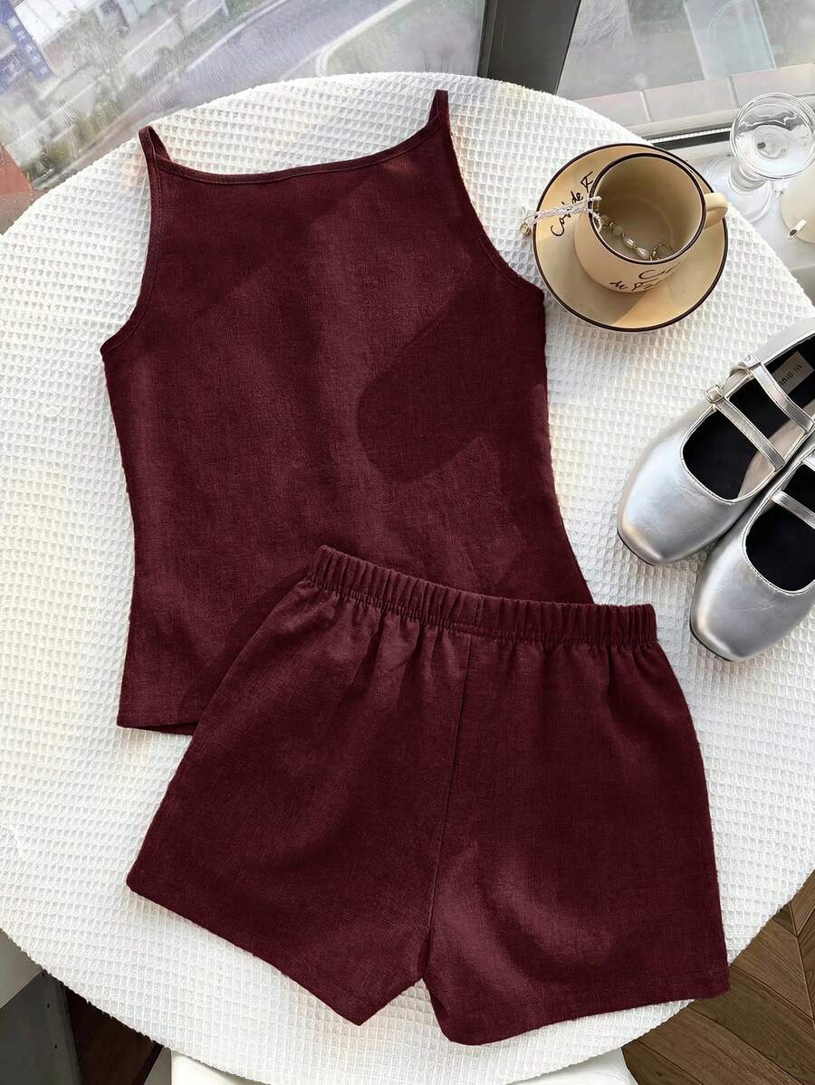 Tween girls apricot striped knit camisole top with button front paired with matching casual elastic waist shorts